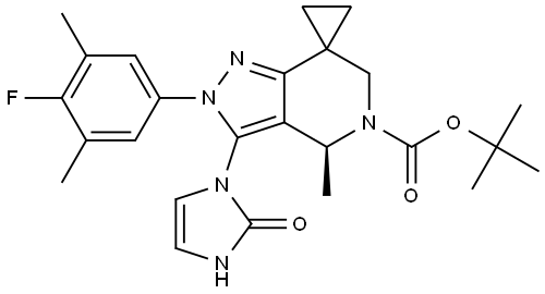 叔丁基 (4'S)-2'-(4-氟-3,5-二甲基苯基)-4'-甲基-3'-(2-氧代-2,3-二氢-1H-咪唑-1-基)-2',4'-二氢螺环[环丙烷-1,7'-吡唑并[4,3-c]吡啶]-5'(6'H)-羧酸酯 结构式