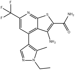 3-氨基-4-(1-乙基-5-甲基-1H-吡唑-4-基)-6-(三氟甲基)噻吩并[2,3-B]吡啶-2-甲酰胺 结构式