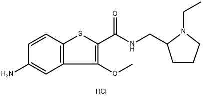 5-amino-N-[(1-ethylpyrrolidin-2-yl)methyl]-3-methoxybenzo[b]thiophene-2-carboxamide dihydrochloride 结构式
