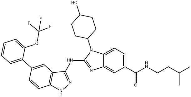 1-(4-羟基环己基)-2-[[5-(2-三氟甲氧基苯基)-1H-吲唑-3-基]氨基]-1H-苯并咪唑-5-羧酸 (3-甲基丁基)酰胺 结构式