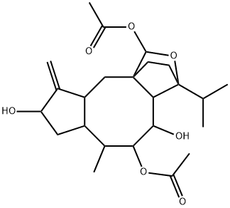 Dodecahydro-3-isopropyl-6-methyl-9-methylene-3,10a-ethano-1H-cyclopenta[4,5]cycloocta[1,2-c]furan-1,4,5,8-tetrol 1,5-diacetate 结构式