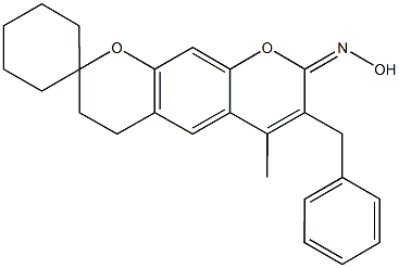7'-Benzyl-6'-methyl-3',4'-dihydro-8'H-spiro[cyclohexane-1,2'-pyrano[3,2-g]chromen]-8'-one oxim 结构式