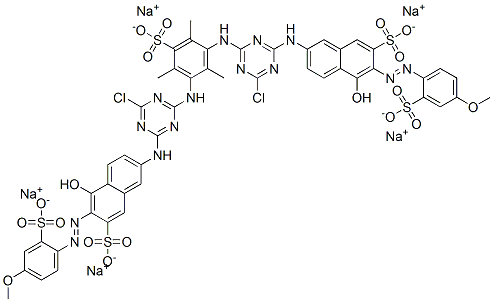 3,5-Bis[4-chloro-6-[5-hydroxy-6-(4-methoxy-2-sulfophenylazo)-7-sulfo-2-naphtylamino]-1,3,5-triazin-2-ylamino]-2,4,6-trimethylbenzenesulfonic acid pentasodium salt 结构式