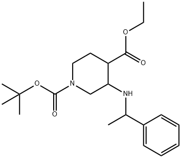 1-BOC-3-(1-苯基乙基氨基)哌啶-4-甲酸乙酯 结构式