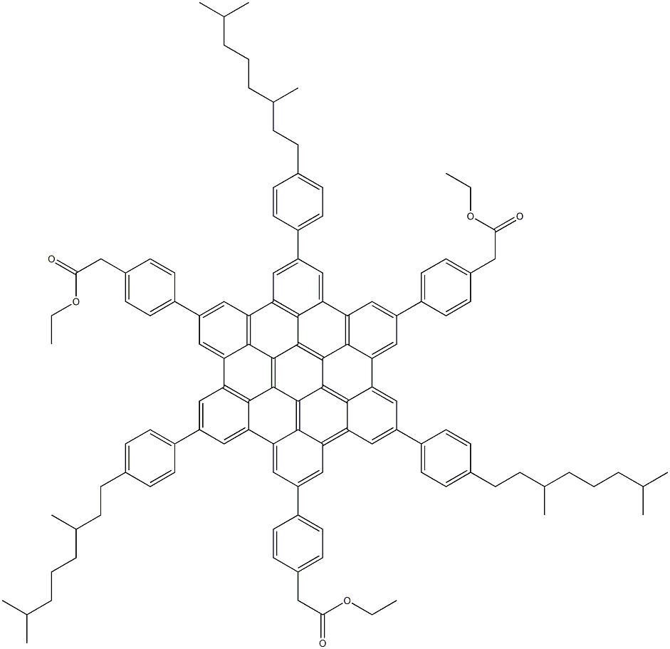 4,4',4''-[5,11,17-三[4-(3,7-二甲基辛基)苯基]六苯并[BC,EF,HI,KL,NO,QR]晕苯-2,8,14-三基]三苯乙酸三乙酯 结构式