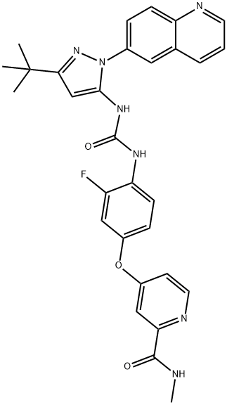 N-[3-叔丁基-1-(喹啉-6-基)-1H-吡唑-5-基]-N'-[2-氟-4-[(2-(甲基氨基甲酰基)吡啶-4-基)氧]苯基]脲 结构式