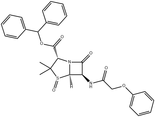 二苯基甲基 [2S-(2ALPHA,5ALPHA,6BETA)]-3,3-二甲基-7-氧代-6-(苯氧基乙酰氨基)-4-硫杂-1-氮杂双环[3.2.0]庚烷-2-羧酸酯 4-氧化物 结构式