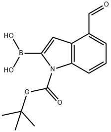 1H-Indole-1-carboxylic acid, 2-borono-4-formyl-, 1-(1,1-dimethylethyl) ester 结构式