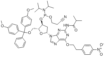 (2R,3S,5R)-2-((BIS(4-METHOXYPHENYL)(PHENYL)METHOXY)METHYL)-5-(2-ISOBUTYRAMIDO-6-(4-NITROPHENETHOXY)-9H-PURIN-9-YL)TETRAHYDROFURAN-3-YL 2-CYANOETHYL DIISOPROPYLPHOSPHORAMIDITE 结构式