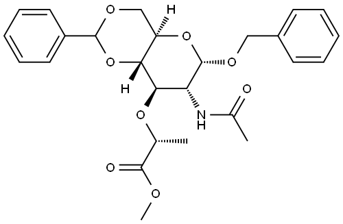 N-乙酰基-1-O-(苄基)-4,6-O-(亚苄基)-ALPHA-胞壁酸甲酯 结构式