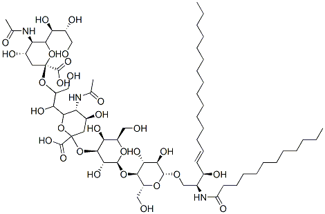 (2S,4S,5R)-6-((1S,2R)-2-((2S,4S,5R)-2-carboxy-5-ethanamido-4-hydroxy-6-((1R,2R)-1,2,3-trihydroxypropyl)tetrahydro-2H-pyran-2-yloxy)-1,3-dihydroxypropyl)-2-((2S,3R,4S,5S,6R)-2-((2R,3S,4R,5R,6R)-6-((2S,3R,E)-2-dodecanamido-3-hydroxyoctadec-4-enyloxy)-4,5-dihydroxy-2-(hydroxymethyl)tetrahydro-2H-pyran-3-yloxy)-3,5-dihydroxy-6-(hydroxymethyl)tetrahydro-2H-pyran-4-yloxy)-5-ethanamido-4-hydroxytetrahydro-2H-pyran-2-carboxylic acid 结构式