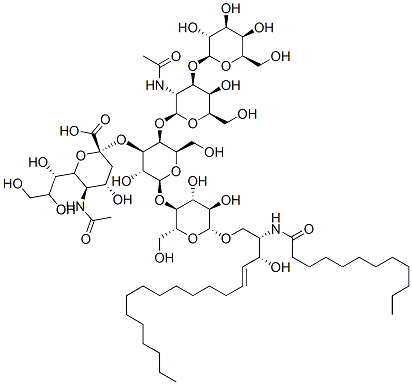 (2S,4S,5R)-2-((2S,3R,4R,5S,6R)-2-((2R,3S,4R,5R,6R)-6-((2S,3R,E)-2-dodecanamido-3-hydroxyoctadec-4-enyloxy)-4,5-dihydroxy-2-(hydroxymethyl)tetrahydro-2H-pyran-3-yloxy)-5-((2S,3R,4R,5R,6R)-3-ethanamido-5-hydroxy-6-(hydroxymethyl)-4-((2R,3R,4S,5R,6R)-3,4,5-trihydroxy-6-(hydroxymethyl)tetrahydro-2H-pyran-2-yloxy)tetrahydro-2H-pyran-2-yloxy)-3-hydroxy-6-(hydroxymethyl)tetrahydro-2H-pyran-4-yloxy)-5-ethanamido-4-hydroxy-6-((1S,2S)-1,2,3-trihydroxypropyl)tetrahydro-2H-pyran-2-carboxylic acid 结构式