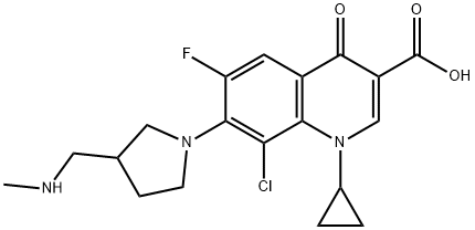 3-Quinolinecarboxylic acid, 8-chloro-1-cyclopropyl-6-fluoro-1,4-dihydro-7-[3-[(MethylaMino)Methyl]-1-pyrrolidinyl]-4-oxo- 结构式