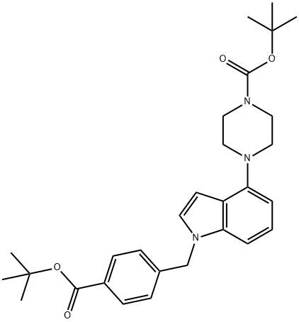 4-[1-[[4-[叔丁氧羰基]苯基]甲基]-1H-吲哚-4-基]-1-哌嗪羧酸叔丁酯 结构式