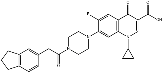 3-Quinolinecarboxylic acid, 1-cyclopropyl-7-[4-[2-(2,3-dihydro-1H-inden-5-yl)acetyl]-1-piperazinyl]-6-fluoro-1,4-dihydro-4-oxo- 结构式