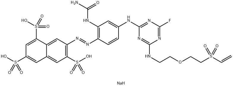 1,3,6-Naphthalenetrisulfonic acid, 7-2-(aminocarbonyl)amino-4-4-2-2-(ethenylsulfonyl)ethoxyethylamino-6-fluoro-1,3,5-triazin-2-ylaminophenylazo-, trisodium salt 结构式