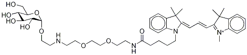 2-[3-[1-[17-(ALPHA-D-吡喃葡萄糖基氧基)-5-氧代-9,12-二氧杂-6,15-二氮杂十七烷-1-基]-1,3-二氢-3,3-二甲基-2H-吲哚-2-亚基]-1-丙烯-1-基]-1,3,3-三甲基-3H-吲哚 结构式