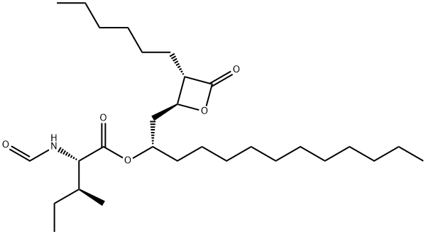 N-甲酰基-L-异亮氨酸 (1S)-1-[[(2S,3S)-3-己基-4-氧代-2-氧杂环丁基]甲基]十二烷基酯 结构式