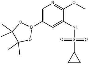 N-(2-甲氧基-5-(4,4,5,5-四甲基-1,3,2-二氧杂环戊硼烷-2-基)吡啶-3-基)环丙磺酰胺 结构式