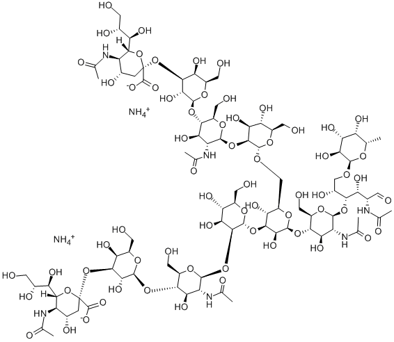 O-(N-乙酰基-ALPHA-神经胺酰基)-[2-3(OR 2-6)]-O-BETA-D-吡喃半乳糖基-(1-4)-O-2-(乙酰氨基)-2-脱氧-BETA-D-吡喃葡萄糖基-(1-2)-O-ALPHA-D-甘露糖基-(1-3)-O-[O-(N-乙酰基-ALPHA-神经胺酰基)-[2-3(OR 2-6)]-O-BETA-D-吡喃半乳糖基-(1-4)-O-2-(乙酰氨基)-2-脱氧-BETA-D-吡喃葡萄糖基-(1-2)-ALPHA-D-甘露糖基-(1-6)]-O-BETA-D-甘露糖基-(1-4)-O-2-(乙酰氨基)-2-脱氧-BETA-D-吡喃葡萄糖基-(1-4)-O-[6-脱氧-ALPH 结构式
