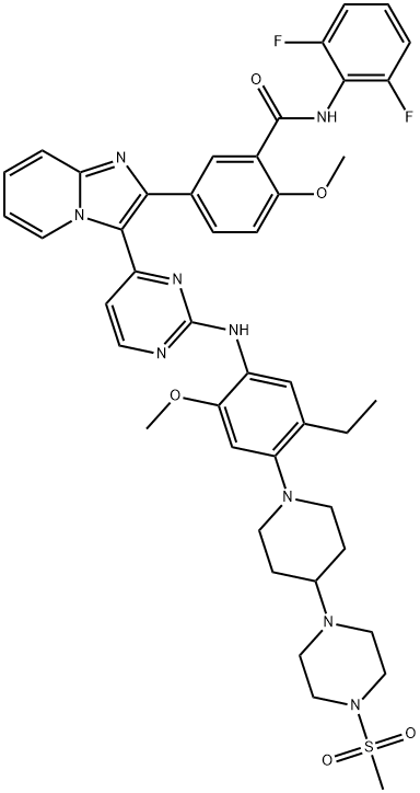 N-(2,6-二氟苯基)-5-[3-[2-[[5-乙基-2-甲氧基-4-[4-[4-(甲基磺酰基)-1-哌嗪基]-1-哌啶基]苯基]氨基]-4-嘧啶基]咪唑并[1,2-A]吡啶-2-基]-2-甲氧基苯甲酰胺 结构式