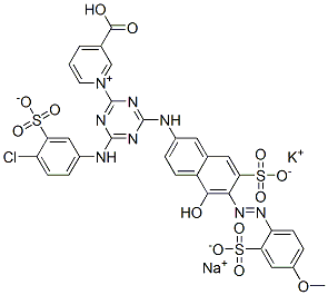 3-Carboxy-1-[4-[(4-chloro-3-sulfophenyl)amino]-6-[[5-hydroxy-6-[(4-methoxy-2 -sulfophenyl)azo]-7-sulfo-2-naphthalenyl]amino]-1,3,5-triazin-2-yl]-pyridinium, inner salt, potassium sodium salt 结构式