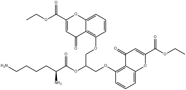 ethyl 5-[2-[(2S)-2,6-diaminohexanoyl]oxy-3-(2-ethoxycarbonyl-4-oxo-chromen-5-yl)oxy-propoxy]-4-oxo-chromene-2-carboxylate 结构式