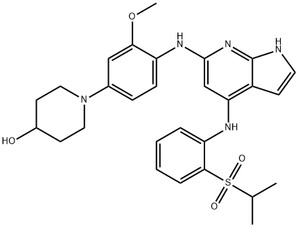 1-(4-(4-(2-(isopropylsulfonyl)phenylamino)-1H-pyrrolo[2,3-b]pyridin-6-ylamino)-3-methoxyphenyl)piperidin-4-ol 结构式