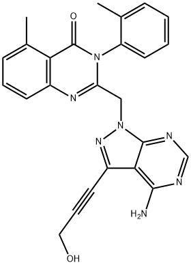 2-[[4-氨基-3-(3-羟基-1-丙炔-1-基)-1H-吡唑并[3,4-D]嘧啶-1-基]甲基]-5-甲基-3-(2-甲基苯基)-4(3H)-喹唑啉酮 结构式