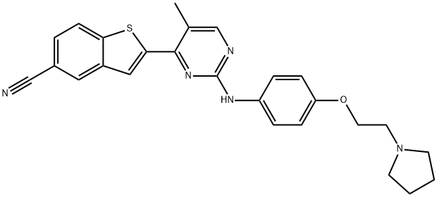 Benzo[b]thiophene-5-carbonitrile, 2-[5-Methyl-2-[[4-[2-(1-pyrrolidinyl)ethoxy]phenyl]aMino]-4-pyriMidinyl]- 结构式