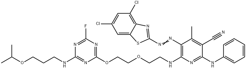 2-[6-Anilino-5-cyano-2-[2-[2-[4-fluoro-6-(3-isopropoxypropylamino)-1,3,5-triazin-2-yloxy]ethoxy]ethylamino]-4-methyl-3-pyridylazo]-4,6-dichlorobenzothiazole 结构式