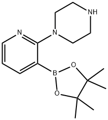 1-(3-(4,4,5,5-四甲基-1,3,2-二氧杂环戊硼烷-2-基)吡啶-2-基)哌嗪 结构式