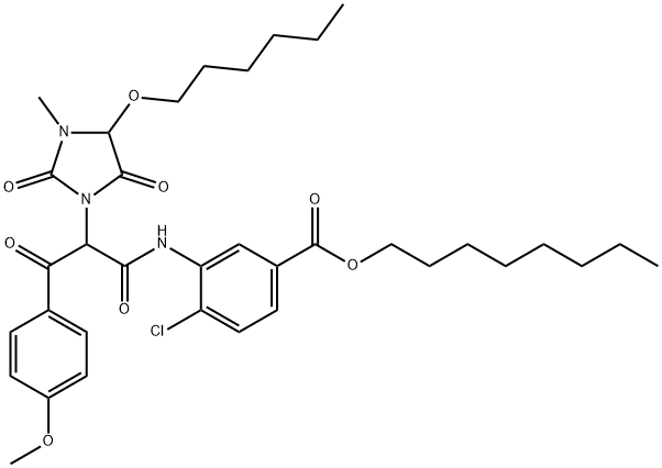 4-Chloro-3-[2-(4-methoxyphenylcarbonyl)-2-(4-hexyloxy-3-methyl-2,5-dioxoimidazolidin-1-yl)acetylamino]benzoic acid octyl ester 结构式