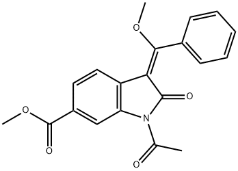 (E)- 1-乙酰基-3-(甲氧基(苯基)亚甲基)-2-氧代吲哚-6-羧酸酯甲酯 结构式