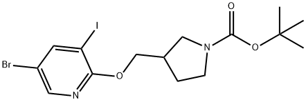 3-((((5-溴-3-碘吡啶-2-基)氧基)甲基)吡咯烷-1-羧酸盐叔丁酯 结构式