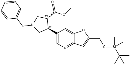 (3R,4S)-1-苄基-4-(2-(((叔丁基二甲基甲硅烷基)氧基)甲基)呋喃[3,2-B]吡啶-6-基)吡咯烷-3-羧酸甲酯 结构式
