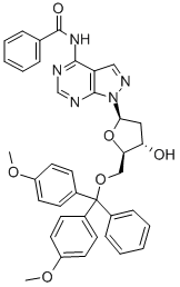 N-[1-[5-O-[二(4-甲氧基苯基)苯基甲基]-2-脱氧-BETA-D-赤式-呋喃戊糖基]-1H-吡唑并[3,4-D]嘧啶-4-基]苯甲酰胺 结构式