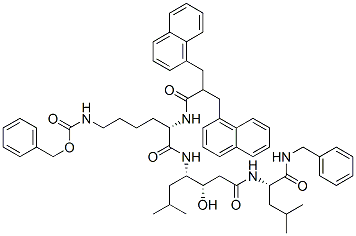 (4S,8S,9S,12S)-12-[2-(1-Naphtylmethyl)-3-(1-naphtyl)propionylamino]-3,6,11-trioxo-4,9-diisobutyl-8-hydroxy-1-phenyl-2,5,10,17-tetraazaoctadecane-18-oic acid benzyl ester 结构式