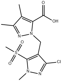 1-[(3-chloro-1-Methyl-5-(Methylsulfonyl)-1H-pyrazol-4-yl)Methyl]-3,4-diMethyl-1H-pyrazol-5-carboxylic acid 结构式