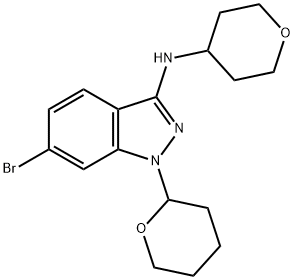 6-溴-1-(四氢-2H-吡喃-2-基)-N-(四氢-2H-吡喃-4-基)-1H-吲唑-3-胺 结构式