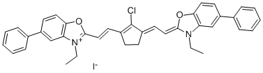 2-[(E)-2-(2-CHLORO-3-((E)-2-[3-ETHYL-5-PHENYL-1,3-BENZOXAZOL-2(3H)-YLIDENE]ETHYLIDENE)-1-CYCLOPENTEN-1-YL)ETHENYL]-3-ETHYL-5-PHENYL-1,3-BENZOXAZOL-3-IUM IODIDE 结构式