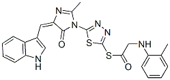 (5E)-5-(1H-indol-3-ylmethylidene)-2-methyl-3-[5-[2-[(2-methylphenyl)am ino]acetyl]sulfanyl-1,3,4-thiadiazol-2-yl]imidazol-4-one 结构式