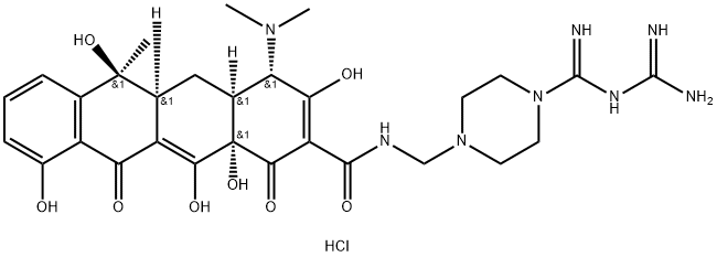 2-Naphthacenecarboxamide, N-[[4-[[(aminoiminomethyl)amino]iminomethyl]-1-piperazinyl]methyl]-4-(dimethylamino)-1,4,4a,5,5a,6,11,12a-octahydro-3,6,10,12,12a-pentahydroxy-6-methyl-1,11-dioxo-, dihydrochloride, [4S-(4alpha,4aalpha,5aalpha,6bet 结构式
