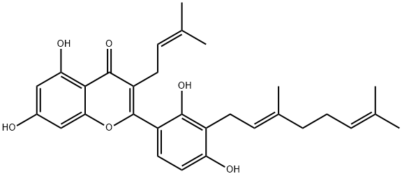 3'-香叶草基-3-异戊烯基-2',4',5,7-四羟基黄酮 结构式