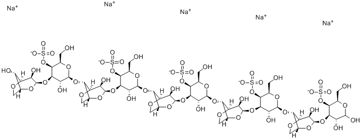 O-3,6-脱水-ALPHA-D-吡喃半乳糖基-(1-3)-O-4-O-磺基-BETA-D-吡喃半乳糖基-(1-4)-O-3,6-脱水-ALPHA-D-吡喃半乳糖基-(1-3)-O-4-O-磺基-BETA-D-吡喃半乳糖基-(1-4)-O-3,6-脱水-ALPHA-D-吡喃半乳糖基-(1-3)-O-4-O-磺基-BETA-D-吡喃半乳糖基-(1-4)-O-3,6-脱水-ALPHA-D-吡喃半乳糖基-(1-3)-O-4-O-磺基-BETA-D-吡喃半乳糖基-(1-4)-O-3,6-脱水-ALPHA-D-吡喃半乳糖基-(1-3)-D-半乳糖 4-(硫酸氢酯)五钠盐 结构式