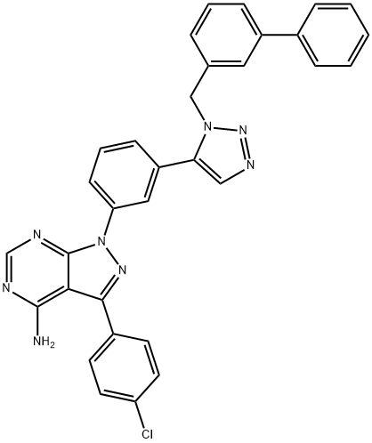 1-[3-[1-([1,1'-Biphenyl]-3-ylMethyl)-1H-1,2,3-triazol-5-yl]phenyl]-3-(4-chlorophenyl)-1H-pyrazolo[3,4-d]pyriMidin-4-aMine 结构式