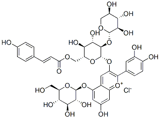 1-Benzopyrylium, 2-(3,4-dihydroxyphenyl)-5-(beta-D-glucopyranosyloxy)- 7-hydroxy-3-((6-O-((2E)-3-(4-hydroxyphenyl)-1-oxo-2-propenyl)-2-O-beta -D-xylopyranosyl-beta-D-glucopyranosyl)oxy)-, chloride 结构式