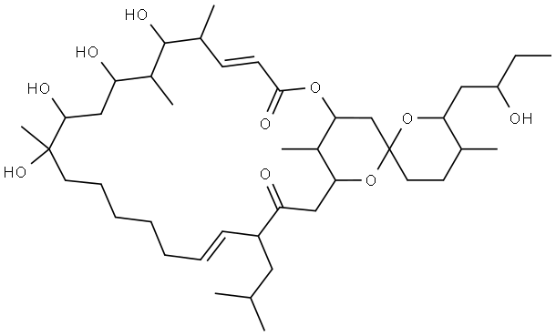 (4E,18E)-3',4',5',6'-Tetrahydro-7,9,11,12-tetrahydroxy-6'-(2-hydroxybutyl)-5',6,8,12,27-pentamethyl-20-(2-methylpropyl)spiro[2,24-dioxabicyclo[21.3.1]heptacosa-4,18-diene-25,2'-[2H]pyran]-3,21-dione 结构式