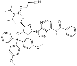 N-苯甲酰基-5'-O-[(二异丙基氨基)-(2-氰基乙氧基)氧磷基]-3'-O-(4,4'-二甲氧基三苯甲基)-2'-脱氧腺苷 结构式