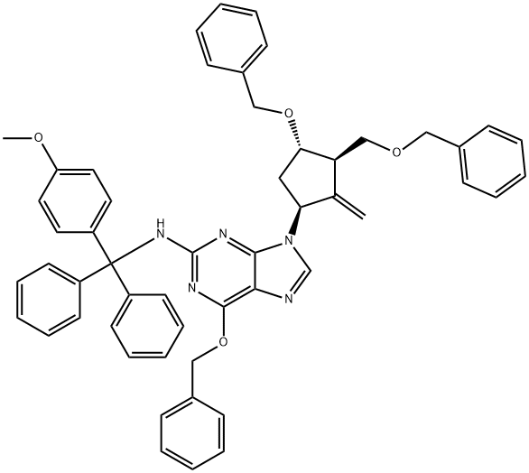 6-苄氧基-9-((1S,3R,3S)-4-苄氧基-3-苄氧基甲基-2-亚甲基环戊基)-N-((4-甲氧基苯基)二苯基甲基)-9H-嘌呤-2-胺 结构式